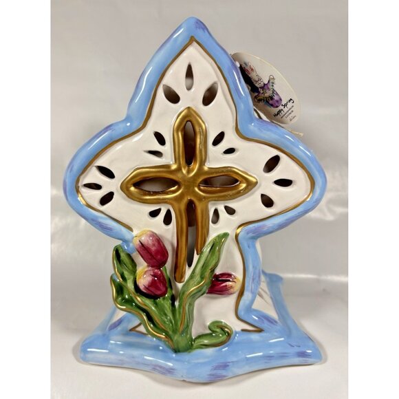 Blue Sky Happy Spring Heather Goldminc Tulip Cross Candle Holder Easter - Picture 1 of 11